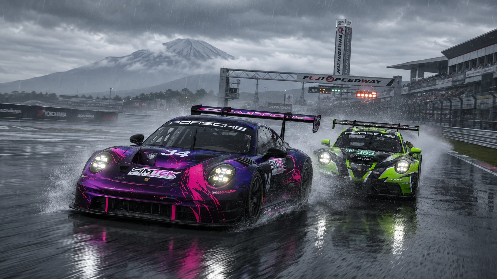 SimTek Performance GT3 Elite devant Dragone Racing sous la pluie à Fuji Speedway, 6 Heures de Fuji ELMS World Tour 2026