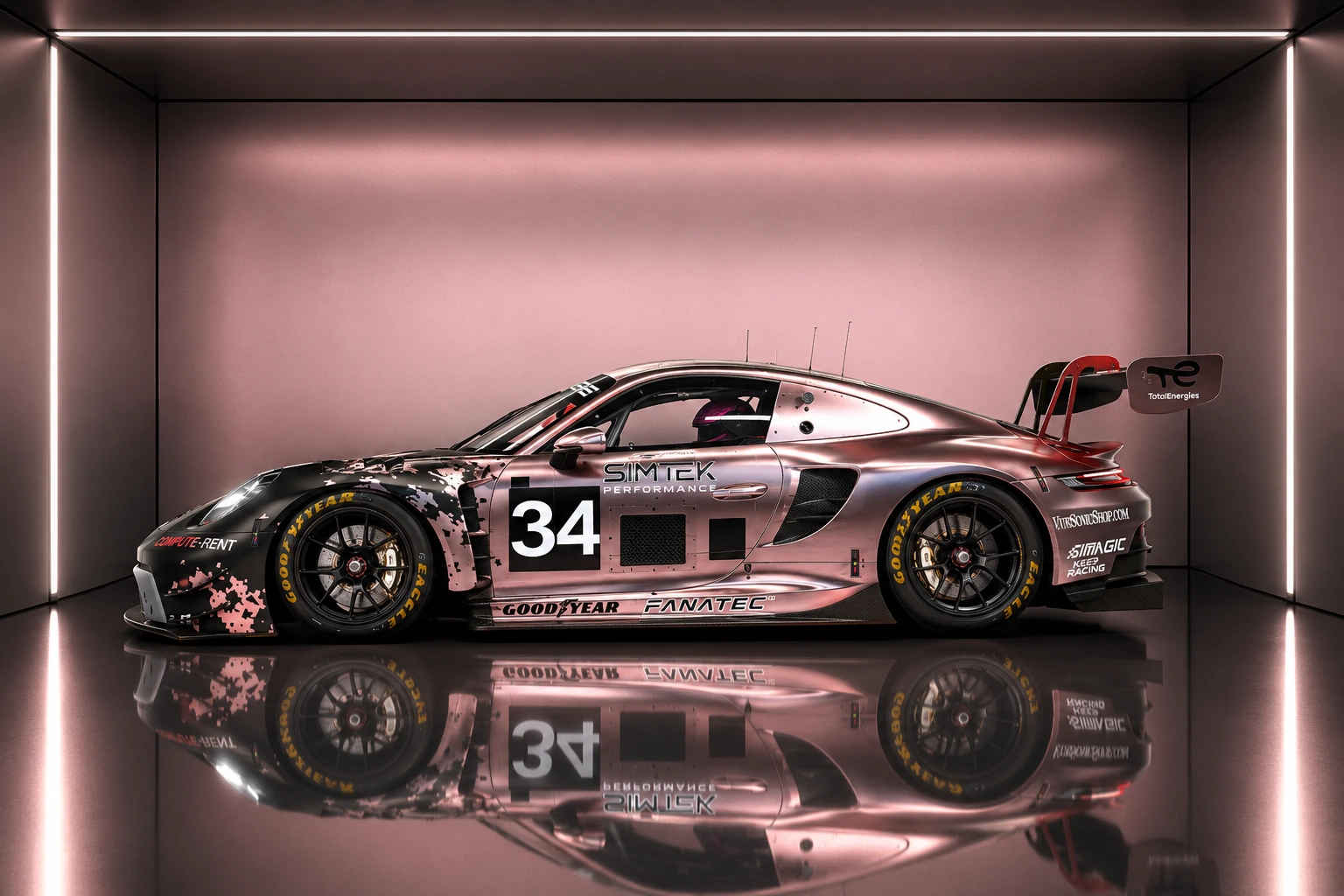 Livrée spéciale SimTek Performance Porsche GT3 pour les 24 Heures du Mans 2026, finition champagne rosé et chrome